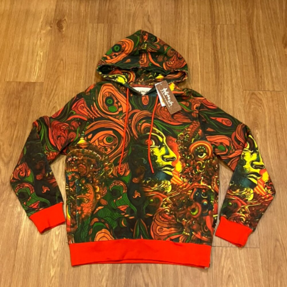 AGTAWH Men French Terry Motif Print Hoodie Multicolor Size S